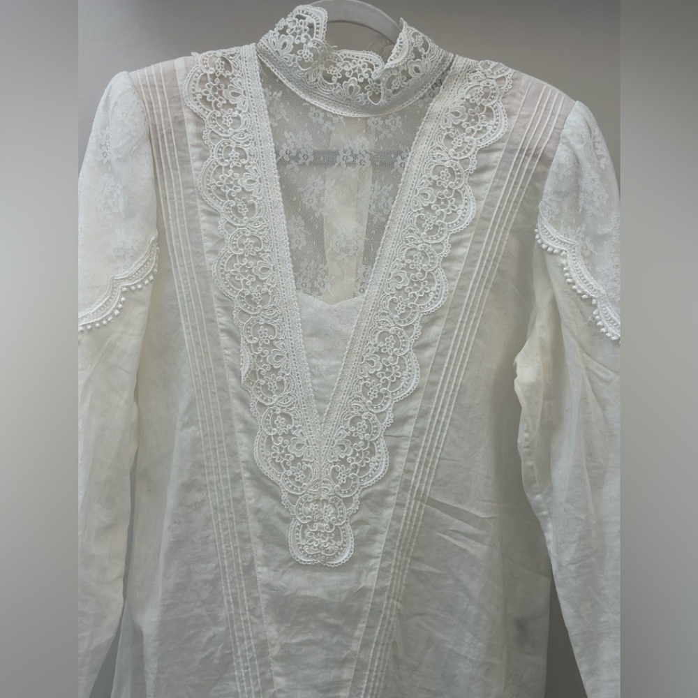 Vintage white lace cotton high collar blouse Westminster Lace sz 12